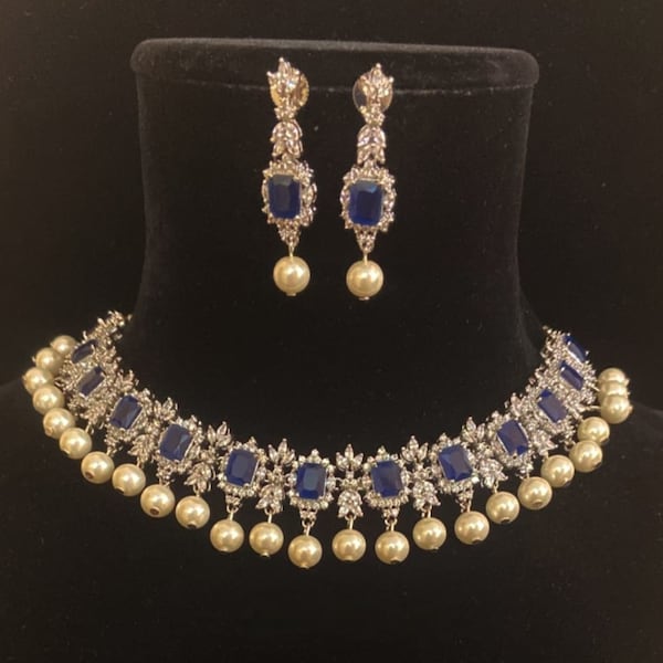 Collier diamant Cz perle saphir bleu zircone avec boucles d'oreilles bijoux tendance collier diamant américain indien ensemble de bijoux pakistanais