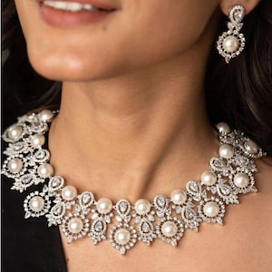 Silver Pearl CZ Diamond Necklace/Indian Jewelry/Pakistani Jewelry/Indian CZ Necklace Set/Statement Jewelry/Statement Necklace/Elegant Jewelr