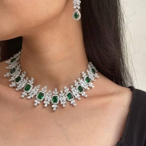 Emerald Cubic Zirconium Necklace/CZ Necklace/Crystal Necklace/Statement Jewelry/ Statement Necklace/Indian Necklace/Fine CZ Set/Emerald set