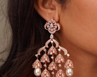 Premium Quality Rose Gold Silver Zirconium Diamond Pearl Chandelier Earrings/Diamond Chandbalis/Long Pearl Earrings/Pakistani Earrings/Cz