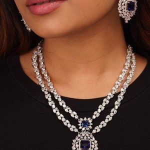Fine Sapphire Cubic Zirconium Necklace/Indian Necklace/Indian Jewelry/American Diamond Necklace/ Wedding Necklace/ Diamond Necklace/Blue Set