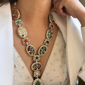 Fine Sabya Inspired Long Victorian Navratan Multi Color Zirconia Diamond Kundan Necklace With Earrings Indian Pakistani Punjabi Jewelry Set