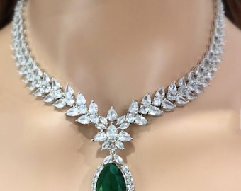 White Tone Emerald Green Cubic Zirconia Necklace Set/Green Crystal Necklace Set/Statement Jewelry/Sabyasachi Jewelry/Faux Diamond Set/OOAK