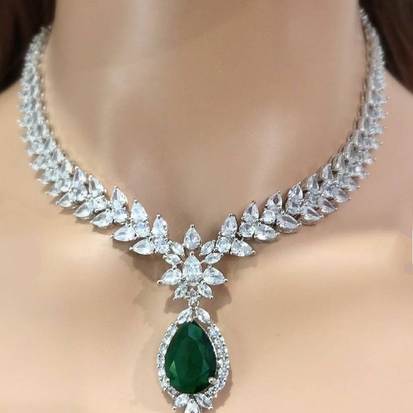 White Tone Emerald Green Cubic Zirconia Necklace Set/Green Crystal Necklace Set/Statement Jewelry/Sabyasachi Jewelry/Faux Diamond Set/OOAK