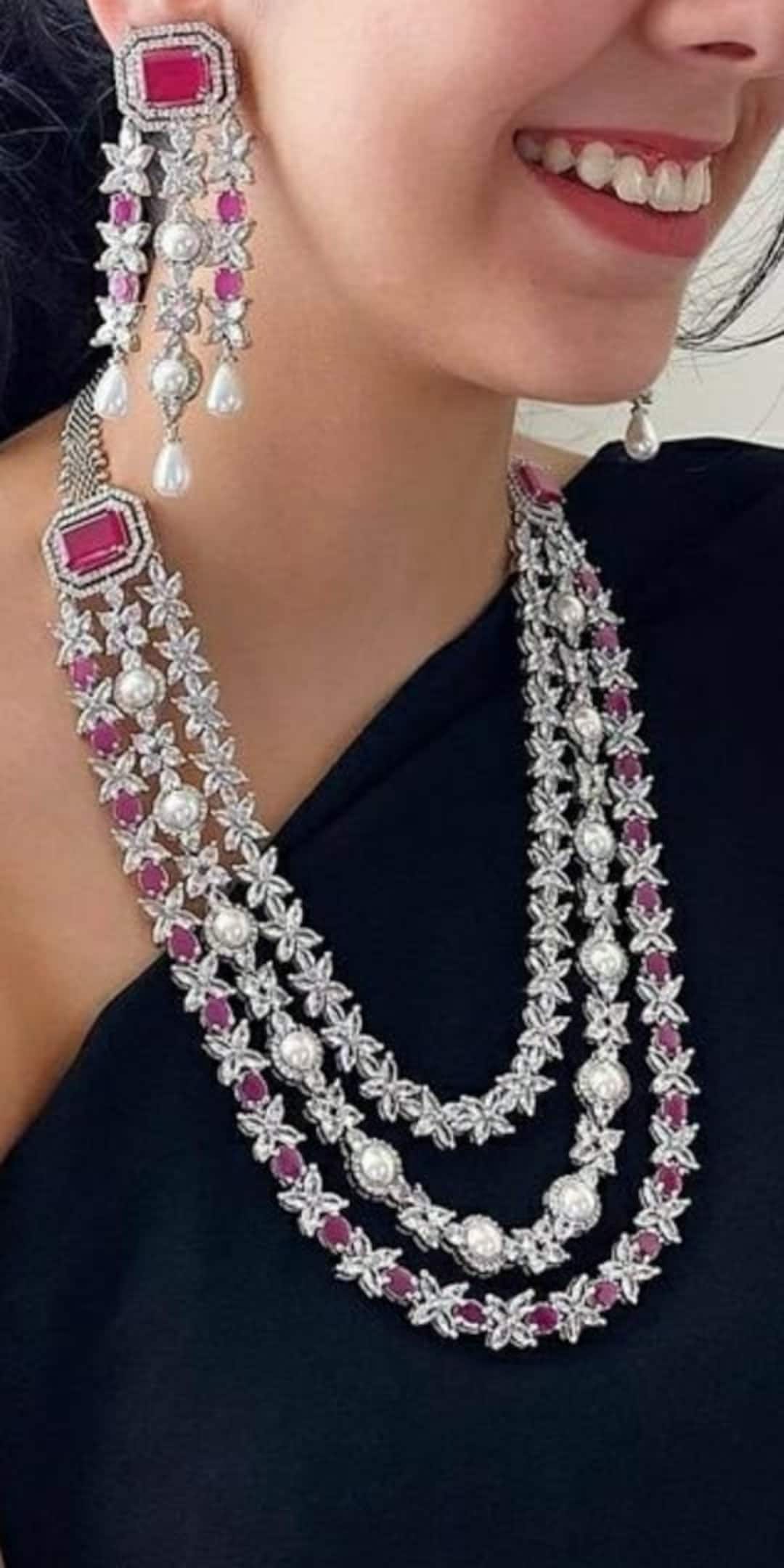 Ruby Pink Long Diamond Necklace Set /indian Jewelry/ Indian -  Israel