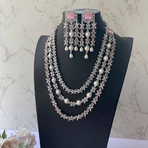 Light Pink Pearl Cz Diamond Necklace Set/Long Diamond Set/Sabyasachi Jewelry/Pakistani-Indian Diamond Necklace/Pakistani Long Necklace/OOAK