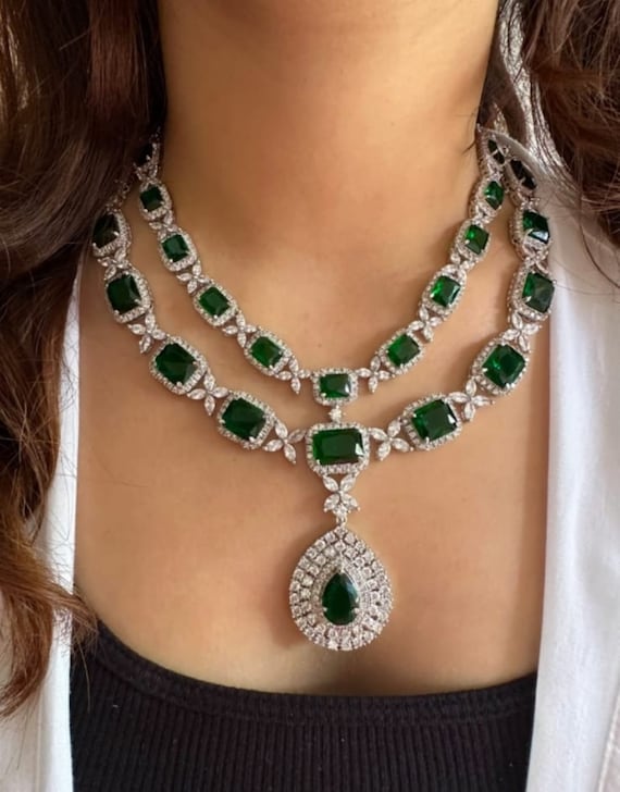 White Tone Emerald Cz Long Necklace Set lab Emerald Diamond Set