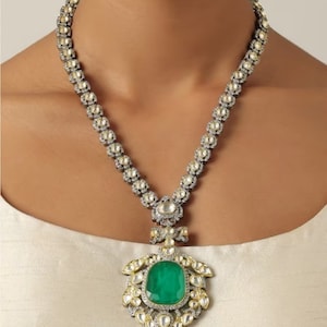 Emerald Victorian Gold Silver Long Pendant Necklace Indian Pakistani Jewelry Sabyasachi Green Kundan Choker Bollywood  Punjabi Jewelry OOAK