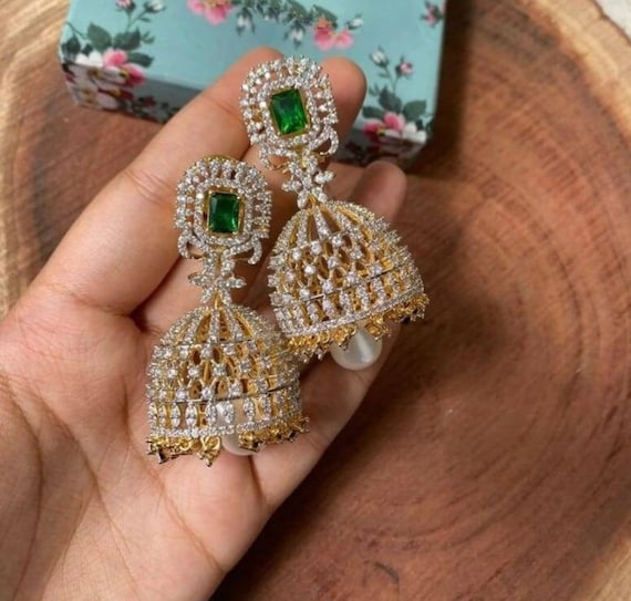 Gold Silver Emerald Green Diamond Jhumki diamond Jhumka indian Jewelry pakistani Earrings diamond Chandbalis jhumkas american Diamond Earrin Etsy