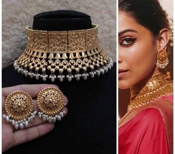 Sabyasachi Inspired Gold Pearl Choker Set deepika Choker Set bollywood Jewelry Set statement Jewelry unique Jewelry pakistani Jewelry ooak Etsy UK