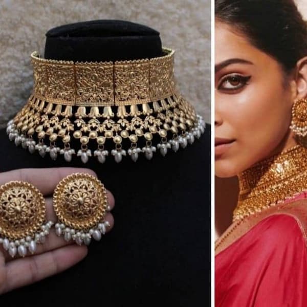 Sabyasachi Inspired Gold Pearl Choker Set/Deepika Choker Set/Bollywood Jewelry Set/Statement Jewelry/Unique Jewelry/Pakistani Jewelry/Ooak