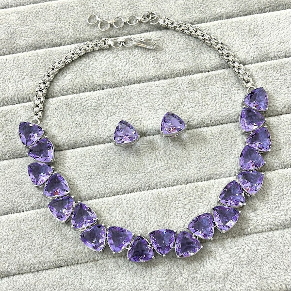 Light Purple Amethyst Mauve  Cz Pendant Necklace Purple Zirconia Crystal Necklace American Diamond Indian Pakistani Jewelry Statement Set