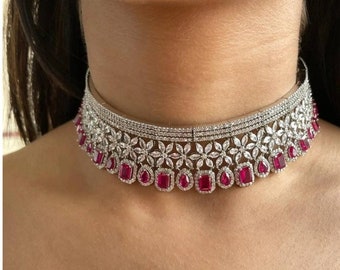Ruby Diamond Choker Necklace | Indian Bridal Jewelry with Earrings