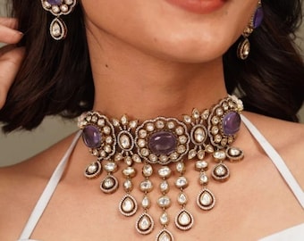 Lavender CZ Victorian Choker Necklace, Indian Jewelry Set