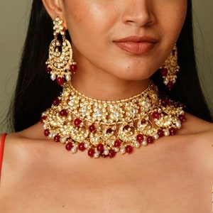 Indian Bridal Ruby Pink Kundan Necklace with Chaandbali Earrings /Gold Plated Kundan Necklace Set/Wedding Jewelry/Sabyasachi Jewelry/Jadau