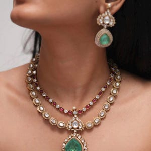 Polki Necklace Mint Ruby Kundan Necklace Sabyasachi Jewelry Moissanite Polki Jewelry Kundan Bridal Necklace with Earrings India Choker Women