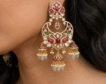 Kemp Ruby Emerald Polki Chandbali Earrings: Sabyasachi Inspired Kundan Jewelry