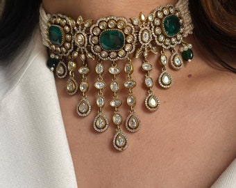 Victorian Polki Kundan Necklace Emerald Kundan Necklace Uncut Polki Choker Green Polki Necklace Sabyasachi Jewelry Set Emerald Polki Jewelry