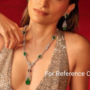 Fine Quality Hollywood Jewelry inspired Long White Gold Plated Emerald Sapphire Zirconium Diamond Necklace With Statement Earrings Indian