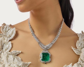 Emerald Green Doublet Necklace Set, CZ Diamond, Indian Wedding Jewelry