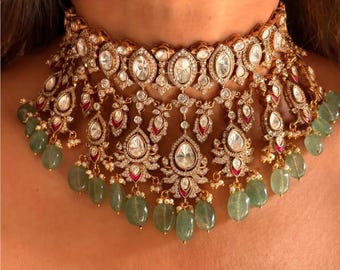 Kundan Choker Set: Gold Polki, Moissanite, Emerald Green Beaded Bridal Jewelry