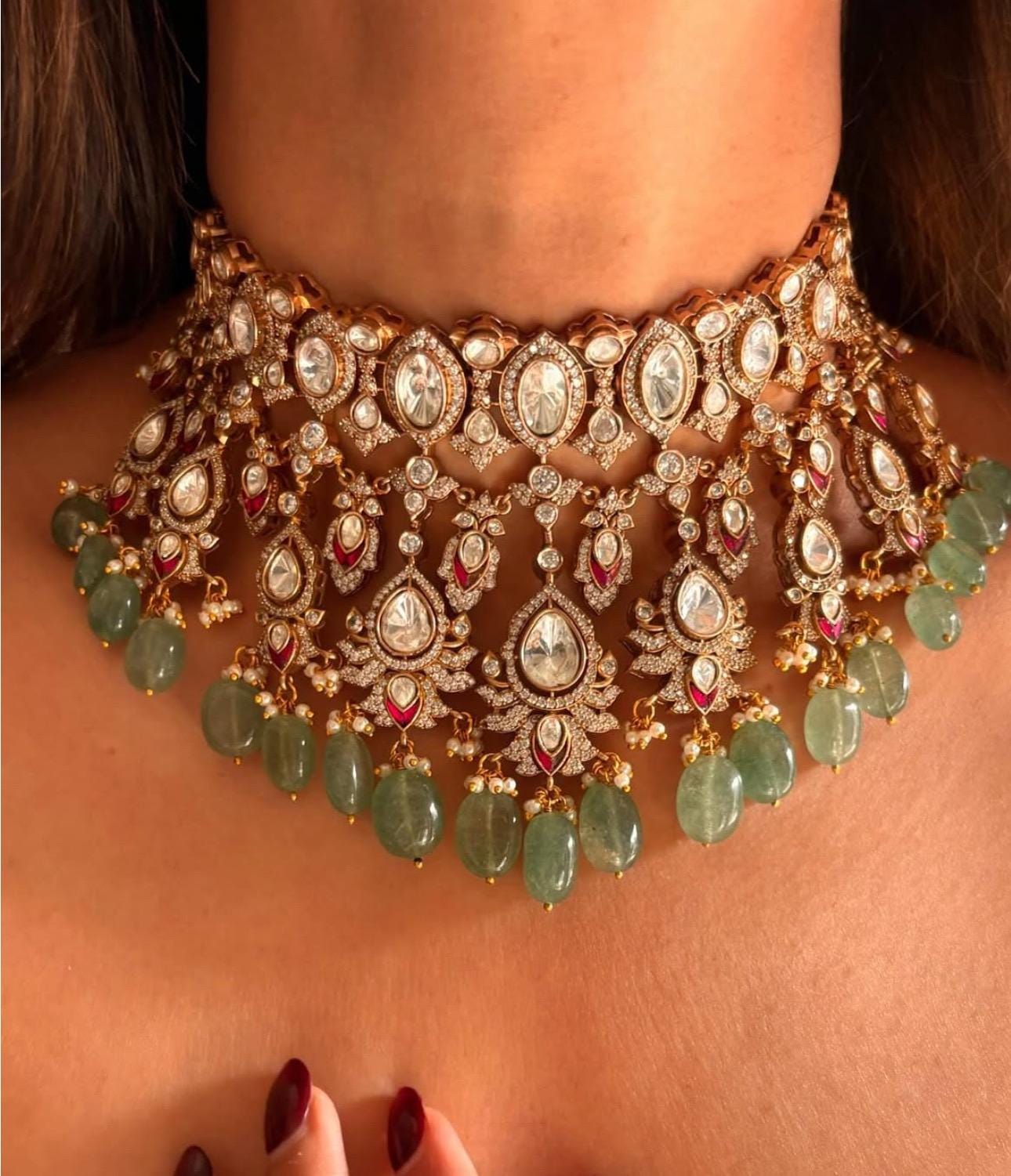 Royal Sabysachi Gold Jewelry Inspired Heavy Uncut Moissanite Polki Kundan Zirconia Diamond Light Emerald Green Beaded Brdal Choker Set OOAK