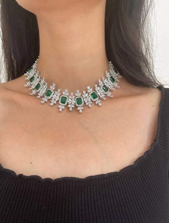 Emerald Cubic Zirconium Necklace/CZ Necklace/Crystal Necklace/Statement Jewelry/ Statement Necklace/Indian Necklace/Fine CZ Set/Emerald set Emerald Cubic Zirconium Necklace/CZ Necklace/Crystal Necklace/Statement Jewelry/ Statement Necklace/Indian Necklace/Fine CZ Set/Emerald set