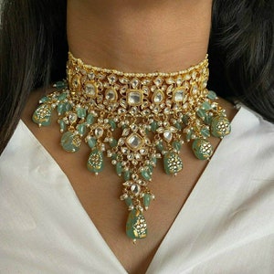 Gold Plated Pastel Green Mint Uncut Kundan Polki Necklace set/Mint Green Kundan Necklace set/ Tyaani inspired Necklace Set/Designer Kundan