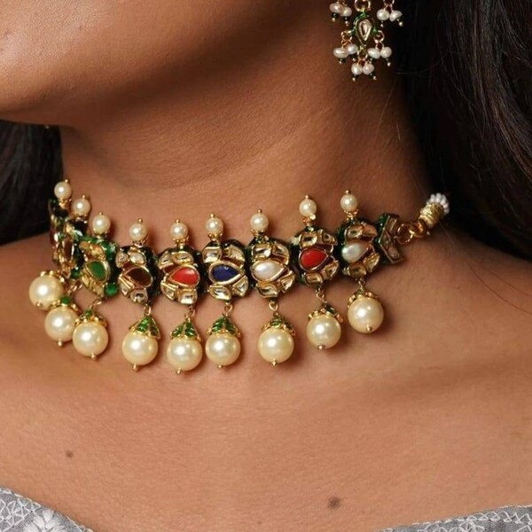 Gold Tone Navratan Kundan Meenakari Necklace Set/Multicolor Jadau Set/Indian Necklace/Rajasthani Jewelry/Bollywood Jewelry/Punjabi Jewelry /