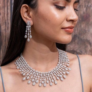 Silver Finish CZ Necklace Set/Diamond Necklace/American Diamond Necklace/CZ Necklace/Indian Jewelry/Bridal CZ Ad Necklace Set/Pakistani Set/