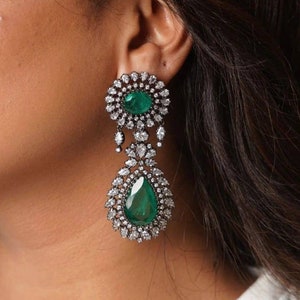 Emerald Chaandbali Earrings, Rhodium Plated CZ Indian Jewelry