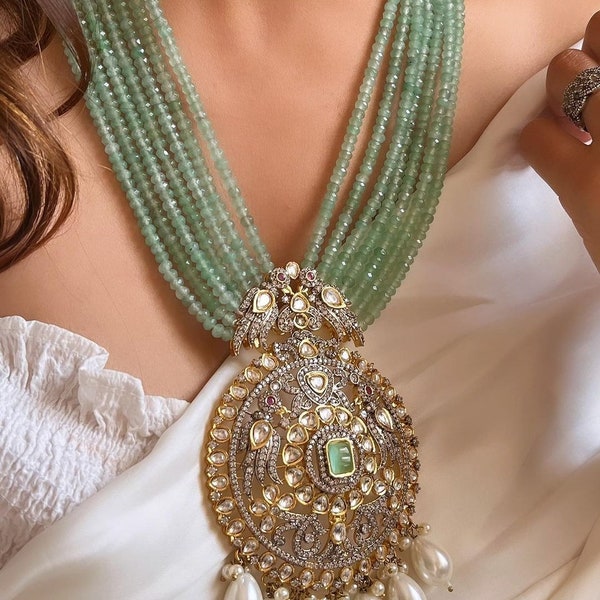 Light Green Mint long Victorian Necklace Long Kundan Necklace Indian Long Necklace Indian Jewelry South Indian Jewelry Pakistani Jewelry