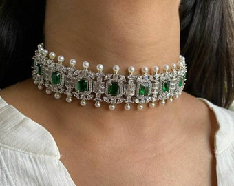 Emerald Diamond Pearl Choker set Lab Emerald Faux Diamond Necklace Set Fine Cubic Zirconium Necklace set Designer Diamond Set Punjabi set