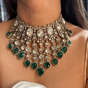 Emerald Victorian Moissanite Polki Necklace, Premium Indian Jewelry Sabyasachi Necklace Indian Bridal Necklace Bollywood Celebrity Jewelry