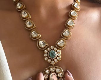 Gold Finish Kundan Necklace with Mint Stone Earrings