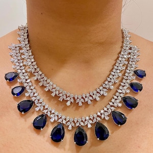 Sapphire Diamond Necklace PREMIUM Blue American Diamond Jewelry Set DESIGNER Blue Sapphire Wedding Set Blue CZ Necklace Sabyasachi Inspired