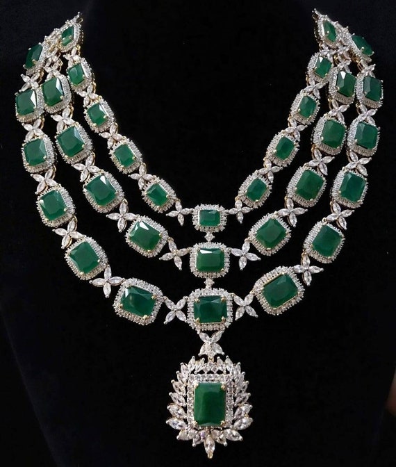 Buy Silver Toned Layered Emerald Green Zirconia Diamond Necklace