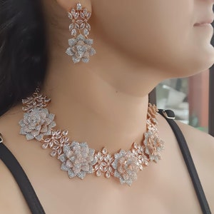 Fine Pave CZ Rose Necklace Indian Jewelry Pakistani Jewelry Indian CZ Necklace Indian Necklace Punjabi Jewelry Statement Necklace Unique Set