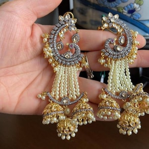 High Quality Gold Plated Uncut Polki Kundan Pearl Faux Diamond Long Light Weight Chandbalis/Sabyasachi Earrings/Peacock Earrings/Pakistani/