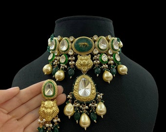 Fine Designer Jaguar Lion Gold Finish Sabyasachi Inspired Emerald Green Sapphire Blue Moissanite Kundan Indian Pakistani PunjabiChoker Set