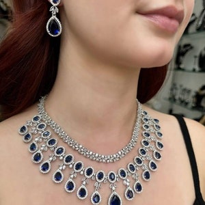 White Gold Plated Blue Sapphire Marquise Cubic zirconia Diamond Necklace Set/Sapphire Diamond Necklace/Pakistani Jewelry/Pakistani Choker/