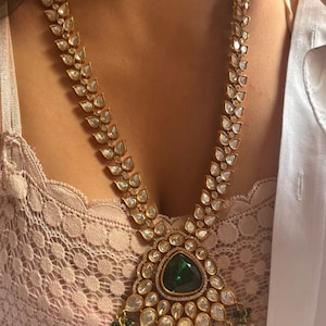 Fine Gold Tone Long Emerald Green Kundan Necklace With Earrings Sabysachi Jewelry Punjabi Pakistani Indian Jewellery Set Kundan Polki Set