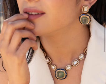 Victorian Gold Moissanite Polki Necklace & Stud Earrings Set