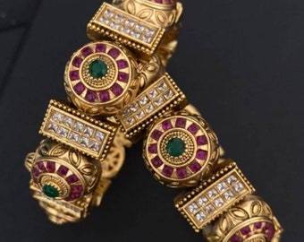 Gold Plated Temple Bangles: Pink, Green, Kundan Jewelry