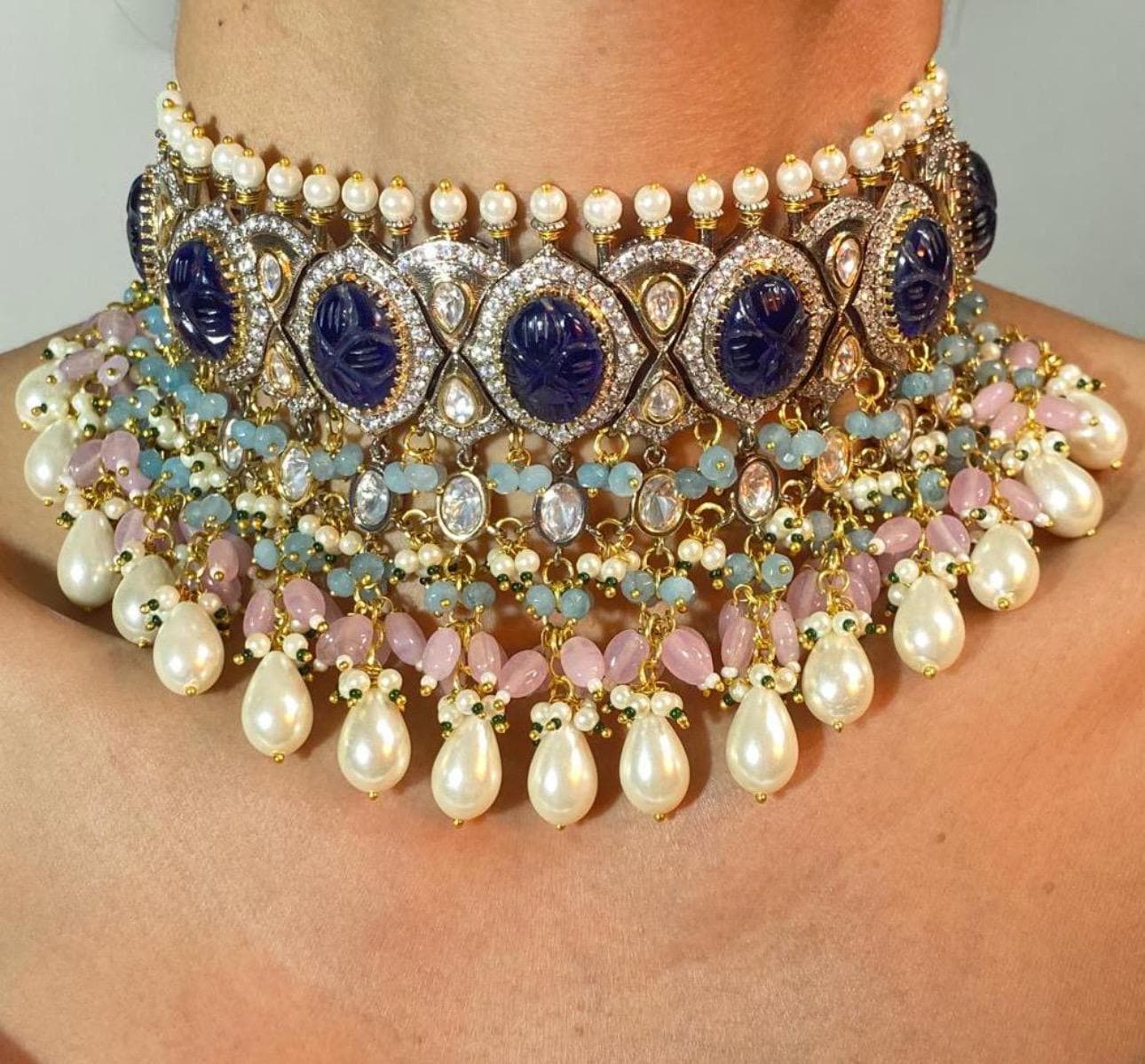 Blue Kundan Necklace Sabyasachi Victorian Polki Diamond Necklace Heavy India Bridal Choker Blue Stone Indian Polki Necklace Pakistani Choker