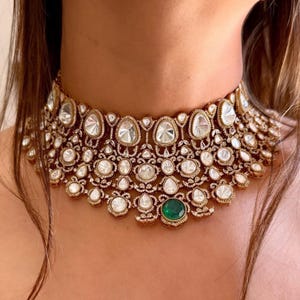 Green Bridal Mossinate Polki Victorian Necklace Sabyasachi Necklace Wedding necklace, Semi Precious Jewelry Bollywood Celebrity Necklace OOA