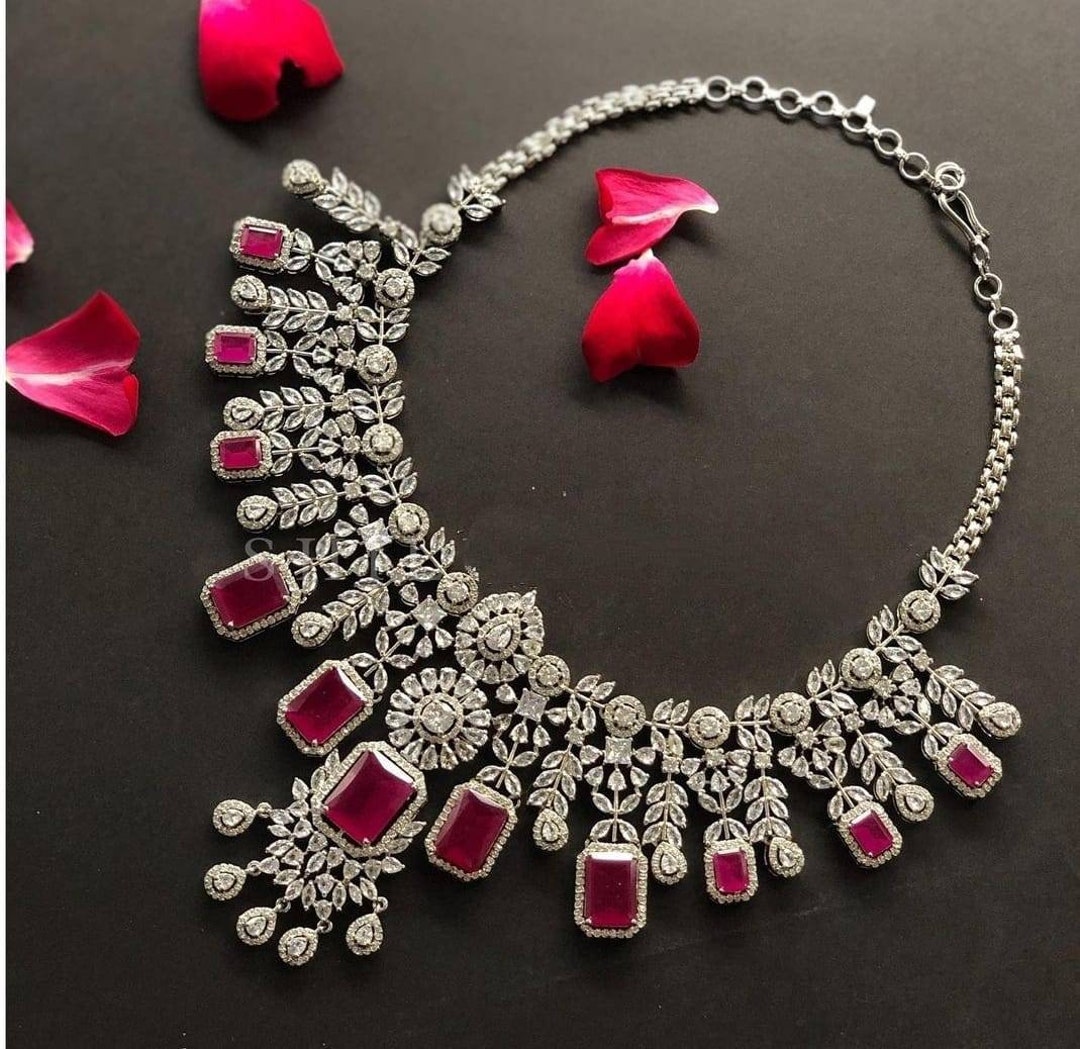 White Gold Plated Ruby Pink Diamond Necklaceset With Statement 