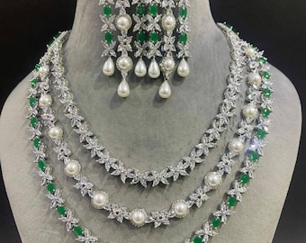 Emerald Pearl Cubic Zirconia Necklace Set, Long CZ Diamond Jewelry