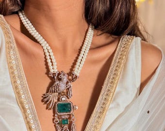Emerald & Moissanite Polki Bird Choker with Pearl Necklace Set