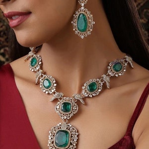 Emerald Green  Doublet Long Victorian Necklace Jewelry Long Kundan Necklace Indian Necklace Wedding Necklace Bridal Long Necklace Pakistani